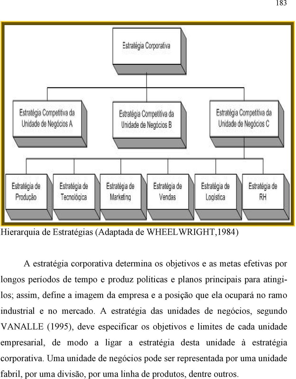 A estratégia das unidades de negócios, segundo VANALLE (1995), deve especificar os objetivos e limites de cada unidade empresarial, de modo a ligar a