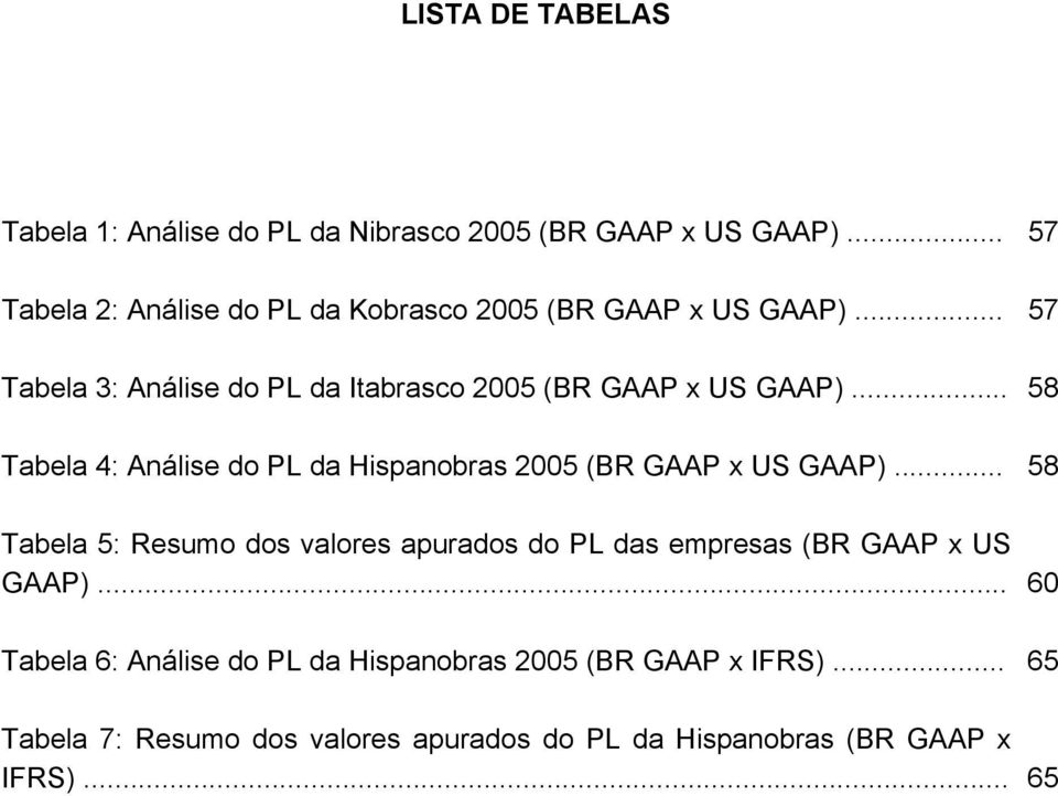 .. 57 Tabela 3: Análise do PL da Itabrasco 2005 (BR GAAP x US GAAP).