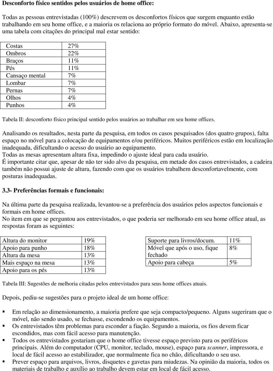 Abaixo, apresenta-se uma tabela com citações do principal mal estar sentido: Costas 27% Ombros 22% Braços 11% Pés 11% Cansaço mental 7% Lombar 7% Pernas 7% Olhos 4% Punhos 4% Tabela II: desconforto