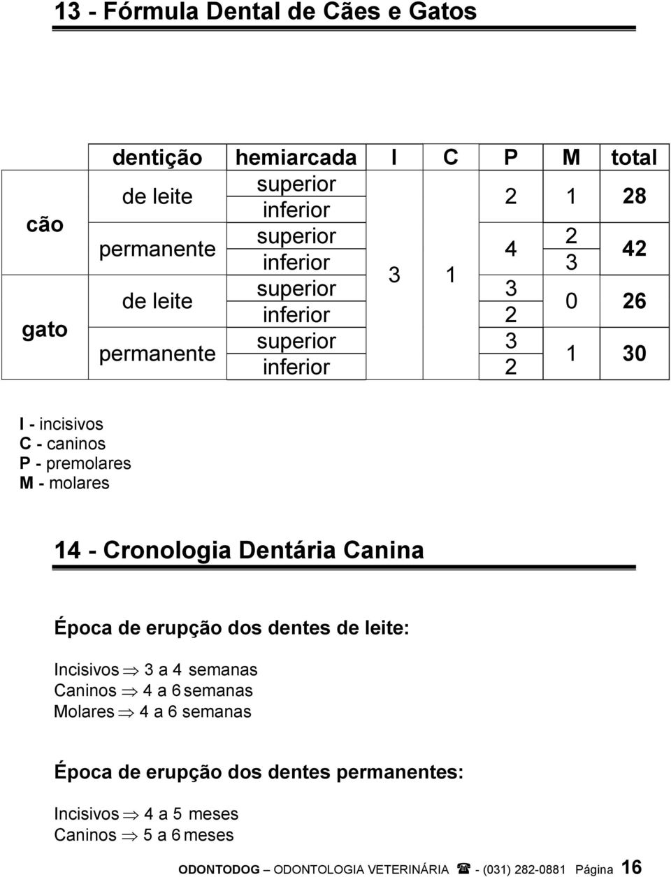 molares 14 - Cronologia Dentária Canina Época de erupção dos dentes de leite: Incisivos 3 a 4 semanas Caninos 4 a 6 semanas Molares 4 a 6