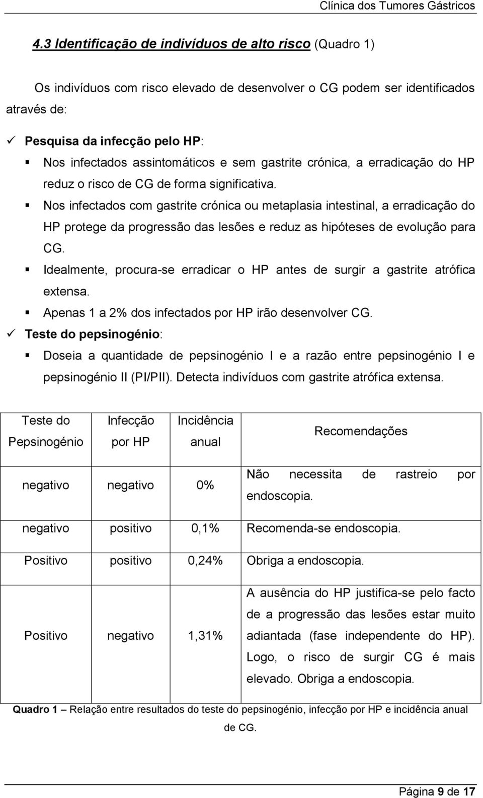 Nos infectados com gastrite crónica ou metaplasia intestinal, a erradicação do HP protege da progressão das lesões e reduz as hipóteses de evolução para CG.