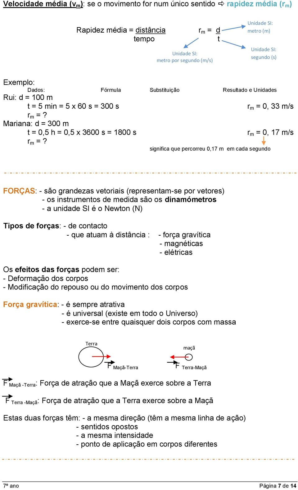 significa que percorreu 0,17 m em cada segundo r m = 0, 33 m/s r m = 0, 17 m/s FORÇAS: - são grandezas vetoriais (representam-se por vetores) - os instrumentos de medida são os dinamómetros - a