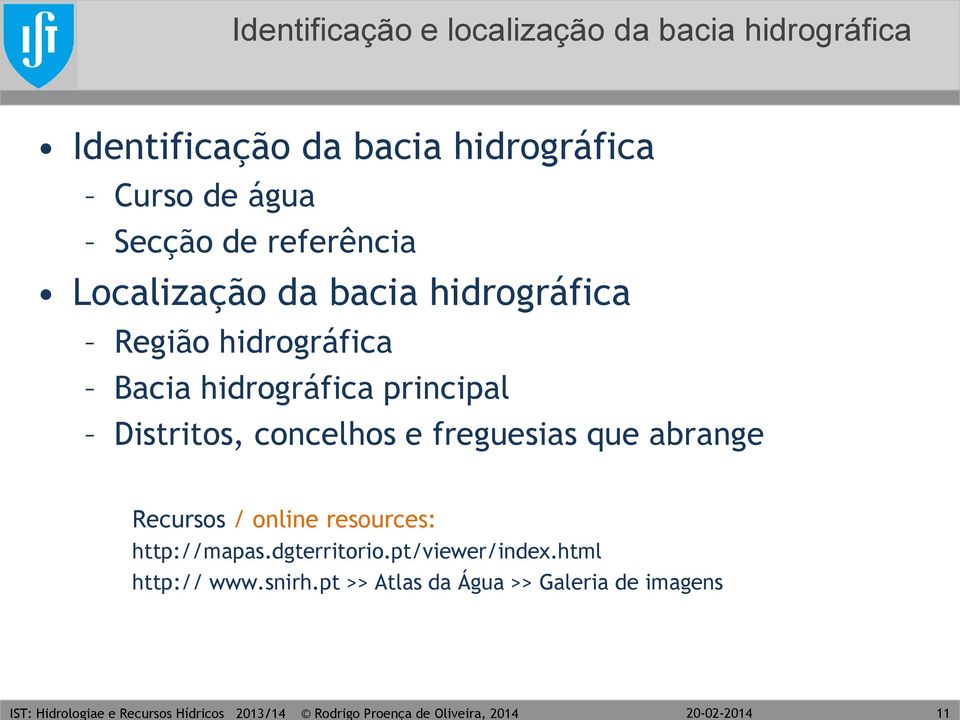 hidrográfica principal Distritos, concelhos e freguesias que abrange Recursos / online