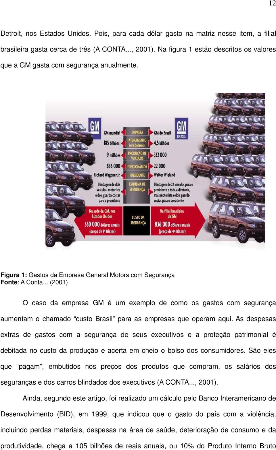 .. (2001) O caso da empresa GM é um exemplo de como os gastos com segurança aumentam o chamado custo Brasil para as empresas que operam aqui.