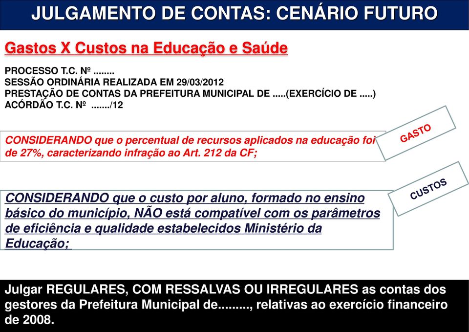 ../12 CONSIDERANDO que o percentual de recursos aplicados na educação foi de 27%, caracterizando infração ao Art.