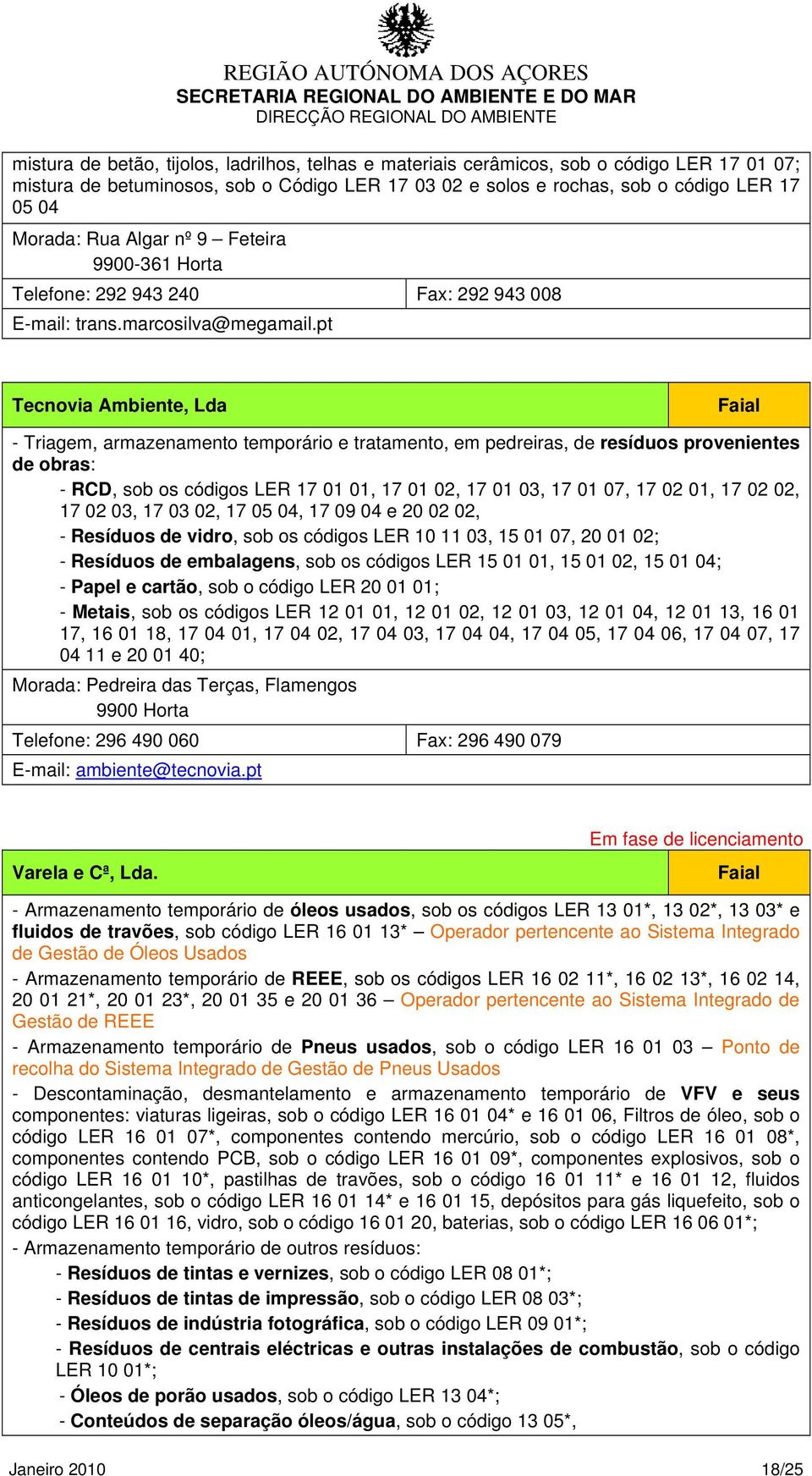 pt Tecnovia Ambiente, Lda Faial - Triagem, armazenamento temporário e tratamento, em pedreiras, de resíduos provenientes de obras: - RCD, sob os códigos LER 17 01 01, 17 01 02, 17 01 03, 17 01 07, 17