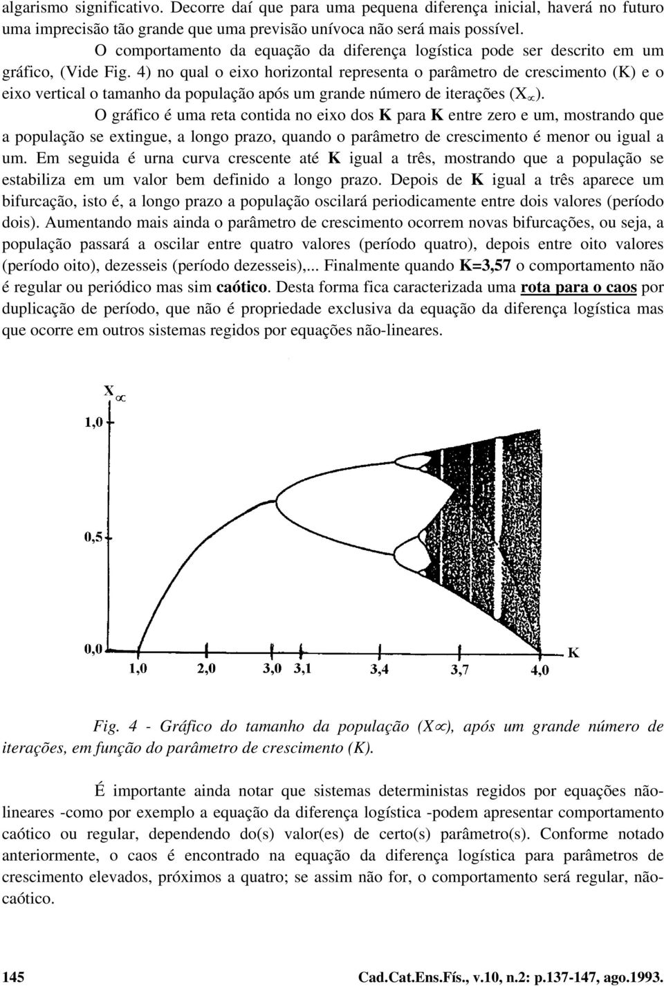 4) no qual o eixo horizontal representa o parâmetro de crescimento (K) e o eixo vertical o tamanho da população após um grande número de iterações (X ).