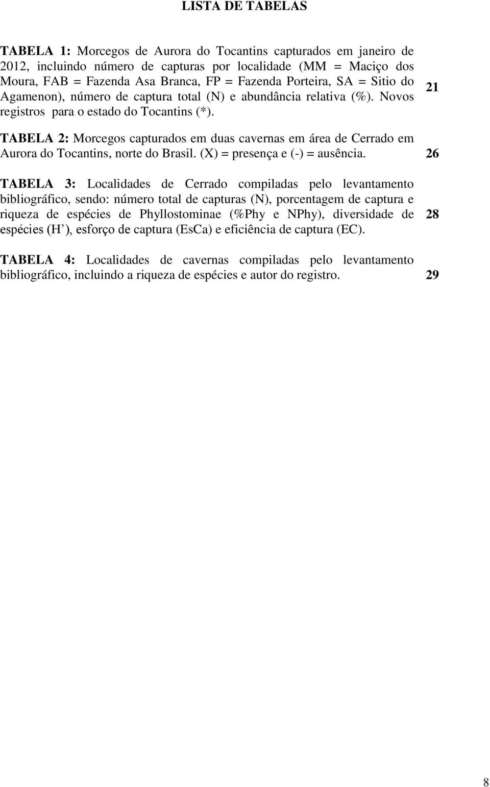 21 TABELA 2: Morcegos capturados em duas cavernas em área de Cerrado em Aurora do Tocantins, norte do Brasil. (X) = presença e (-) = ausência.