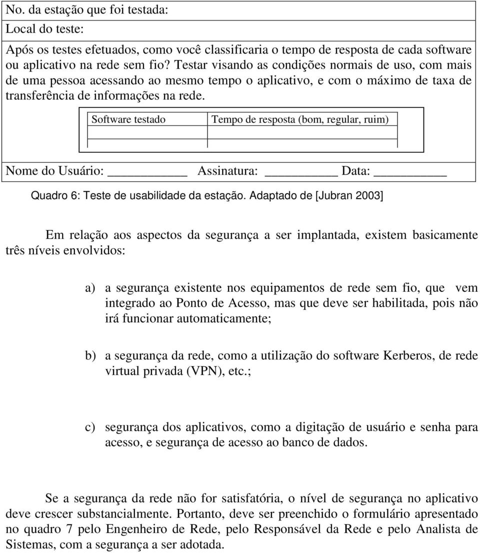 Software testado Tempo de resposta (bom, regular, ruim) Nome do Usuário: Assinatura: Data: Quadro 6: Teste de usabilidade da estação.