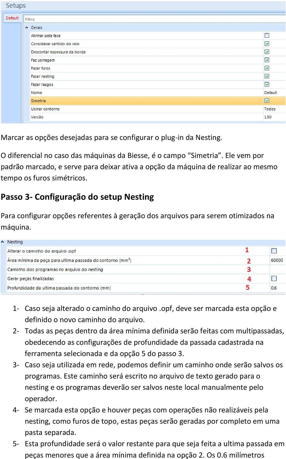 Passo 3- Configuração do setup Nesting Para configurar opções referentes à geração dos arquivos para serem otimizados na máquina. 1- Caso seja alterado o caminho do arquivo.