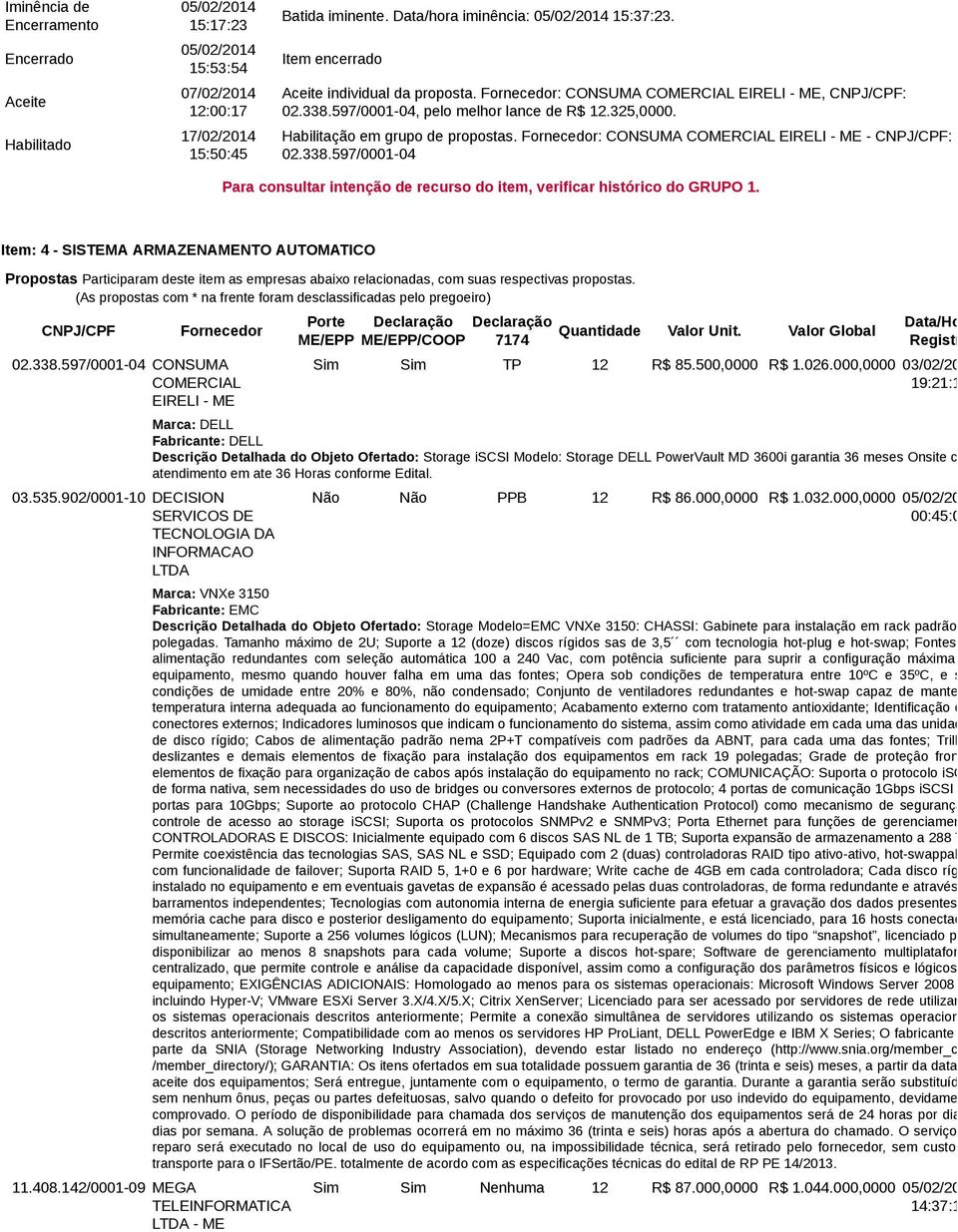 Fornecedor: CONSUMA COMERCIAL EIRELI - ME - CNPJ/CPF: 02.338.597/0001-04 Para consultar intenção de recurso do item, verificar histórico do GRUPO 1.