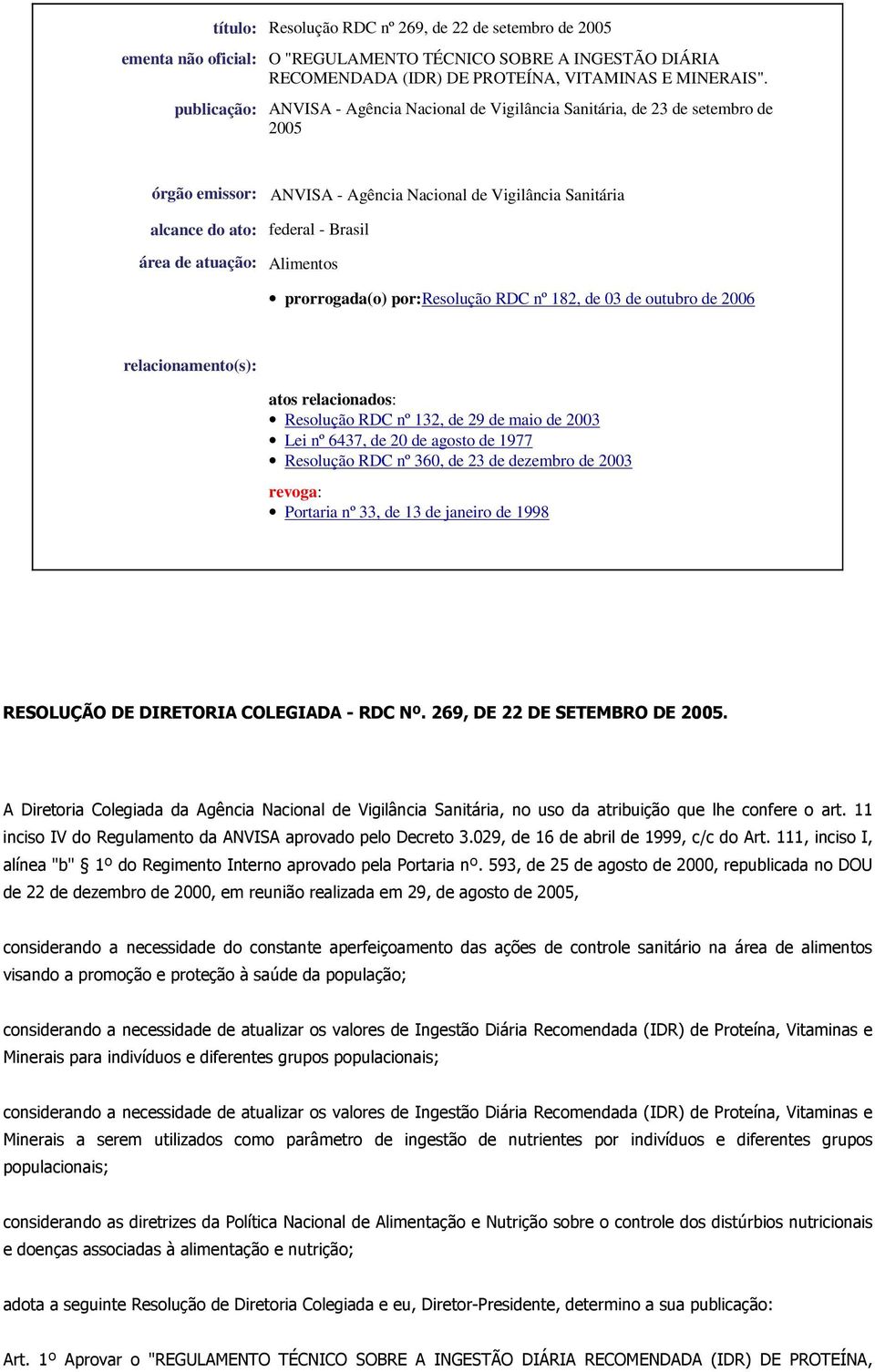 atuação: Alimentos prorrogada(o) por:resolução RDC nº 182, de 03 de outubro de 2006 relacionamento(s): atos relacionados: Resolução RDC nº 132, de 29 de maio de 2003 Lei nº 6437, de 20 de agosto de