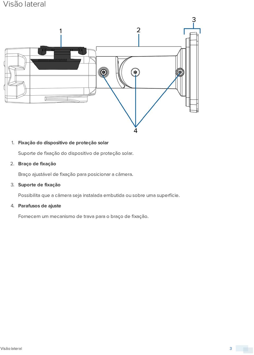 2. Braço de fixação Braço ajustável de fixação para posicionar a câmera. 3.