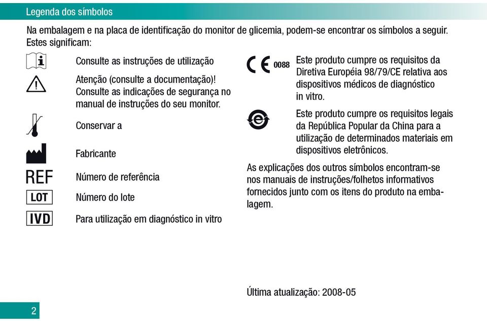 Conservar a Fabricante Número de referência Número do lote Para utilização em diagnóstico in vitro 0088 Este produto cumpre os requisitos da Diretiva Européia 98/79/CE relativa aos dispositivos