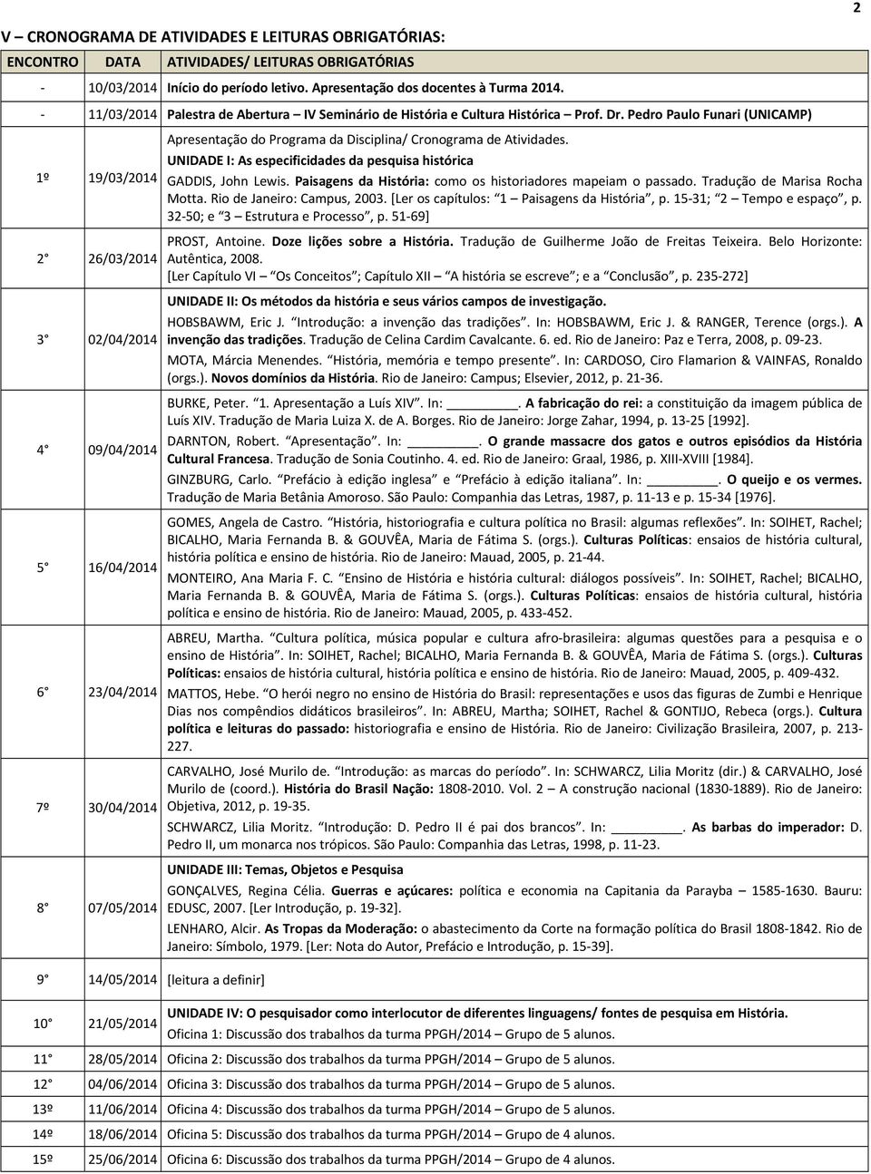 Pedro Paulo Funari (UNICAMP) 1º 19/03/2014 2 26/03/2014 3 02/04/2014 4 09/04/2014 5 16/04/2014 6 23/04/2014 7º 30/04/2014 8 07/05/2014 9 14/05/2014 [leitura a definir] 10 21/05/2014 Apresentação do