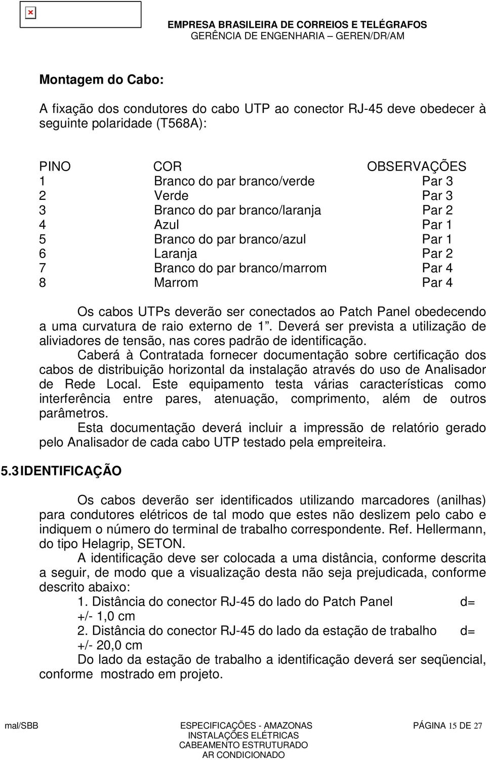 obedecendo a uma curvatura de raio externo de 1. Deverá ser prevista a utilização de aliviadores de tensão, nas cores padrão de identificação.