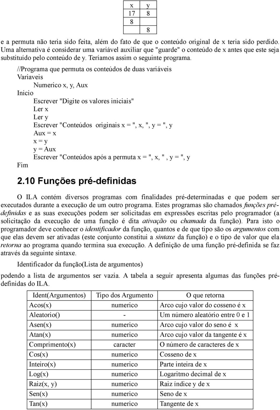 //Programa que permuta os conteúdos de duas variáveis Numerico x, y, Aux Escrever "Digite os valores iniciais" Ler x Ler y Escrever "Conteúdos originais x = ", x, ", y = ", y Aux = x x = y y = Aux