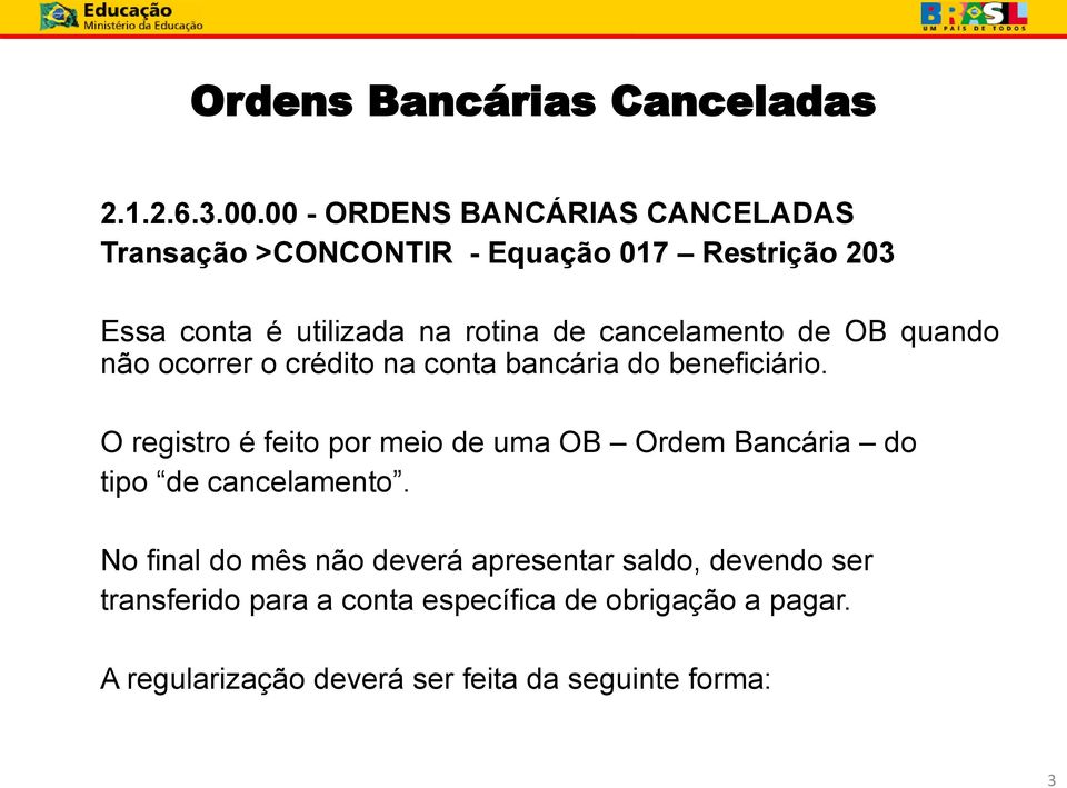 cancelamento de OB quando não ocorrer o crédito na conta bancária do beneficiário.