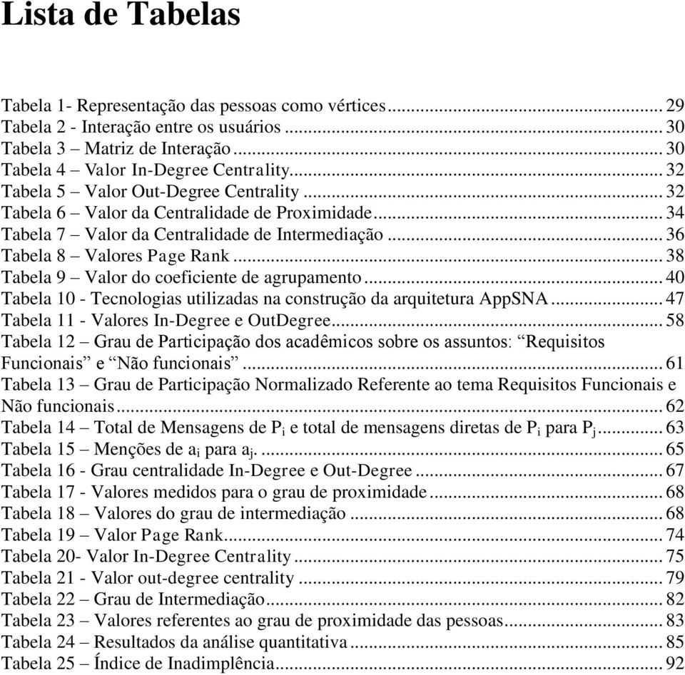 .. 38 Tabela 9 Valor do coeficiente de agrupamento... 40 Tabela 10 - Tecnologias utilizadas na construção da arquitetura AppSNA... 47 Tabela 11 - Valores In-Degree e OutDegree.