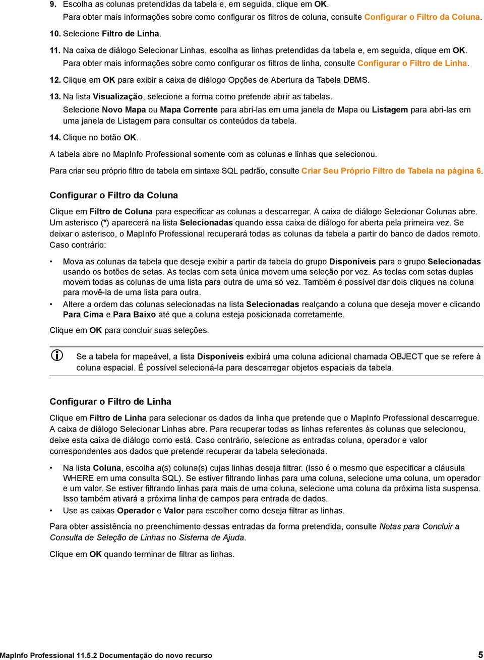 Para obter mais informações sobre como configurar os filtros de linha, consulte Configurar o Filtro de Linha. 12. Clique em OK para exibir a caixa de diálogo Opções de Abertura da Tabela DBMS. 13.