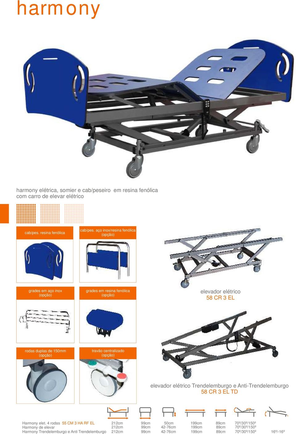 travão centralizado (opção) elevador elétrico Trendelemburgo e Anti-Trendelemburgo 58 CR 3 EL TD Harmony elet.