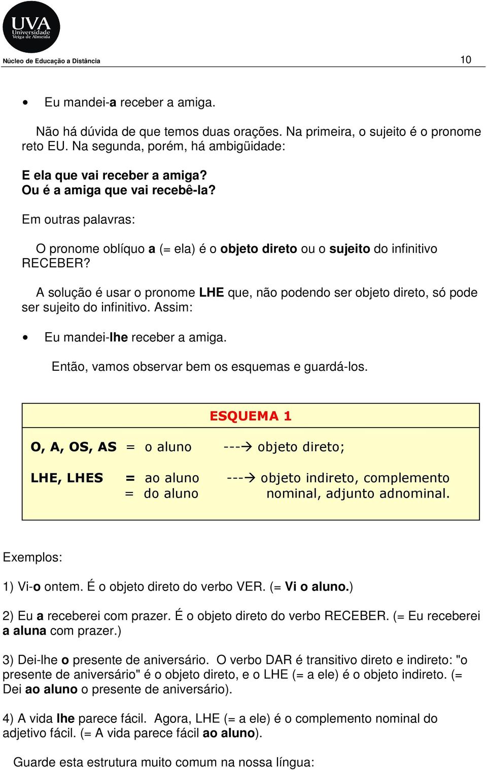 A solução é usar o pronome LHE que, não podendo ser objeto direto, só pode ser sujeito do infinitivo. Assim: Eu mandei-lhe receber a amiga. Então, vamos observar bem os esquemas e guardá-los.