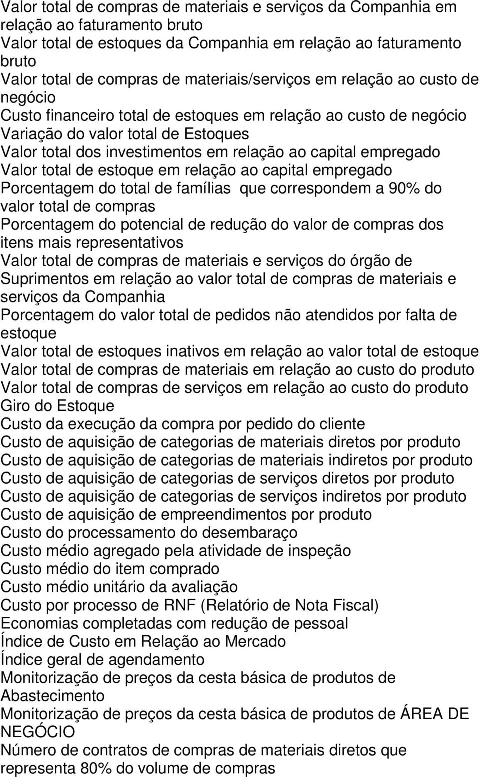 capital empregado Valor total de estoque em relação ao capital empregado Porcentagem do total de famílias que correspondem a 90% do valor total de compras Porcentagem do potencial de redução do valor