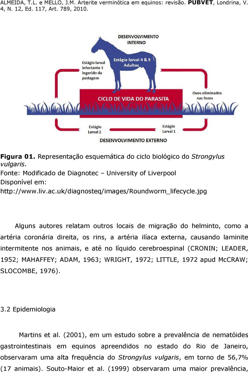 jpg Alguns autores relatam outros locais de migração do helminto, como a artéria coronária direita, os rins, a artéria ilíaca externa, causando laminite intermitente nos animais, e até no líquido