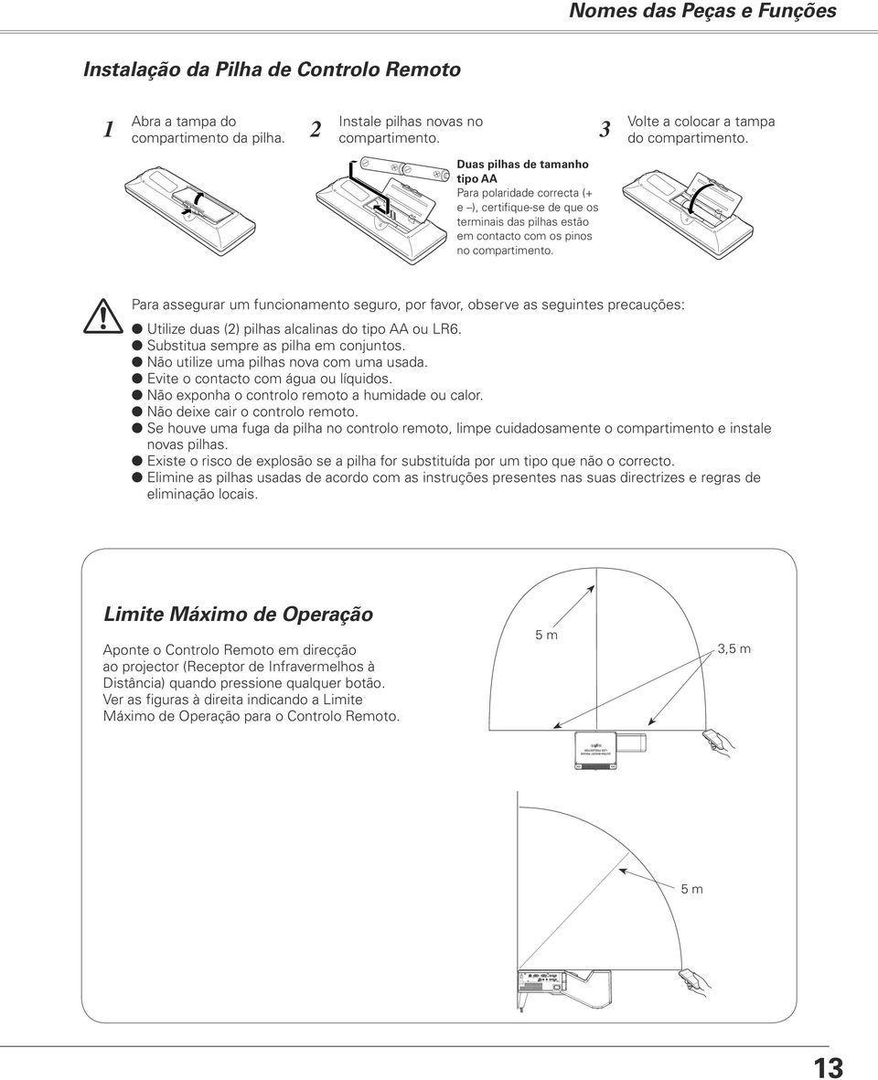 Para assegurar um funcionamento seguro, por favor, observe as seguintes precauções: Utilize duas (2) pilhas alcalinas do tipo AA ou LR6. Substitua sempre as pilha em conjuntos.