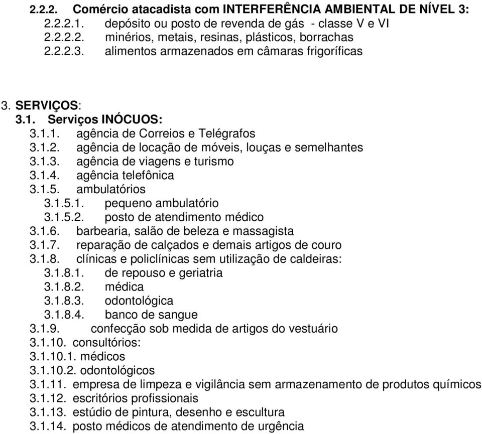 ambulatórios 3.1.5.1. pequeno ambulatório 3.1.5.2. posto de atendimento médico 3.1.6. barbearia, salão de beleza e massagista 3.1.7. reparação de calçados e demais artigos de couro 3.1.8.