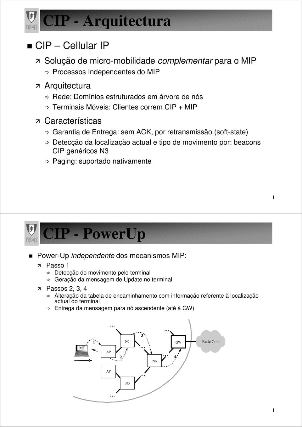 por: beacons CIP genéricos N Paging: suportado nativamente CIP - PowerUp Power-Up independente dos mecanismos MIP: Passo Detecção do movimento pelo terminal Geração da