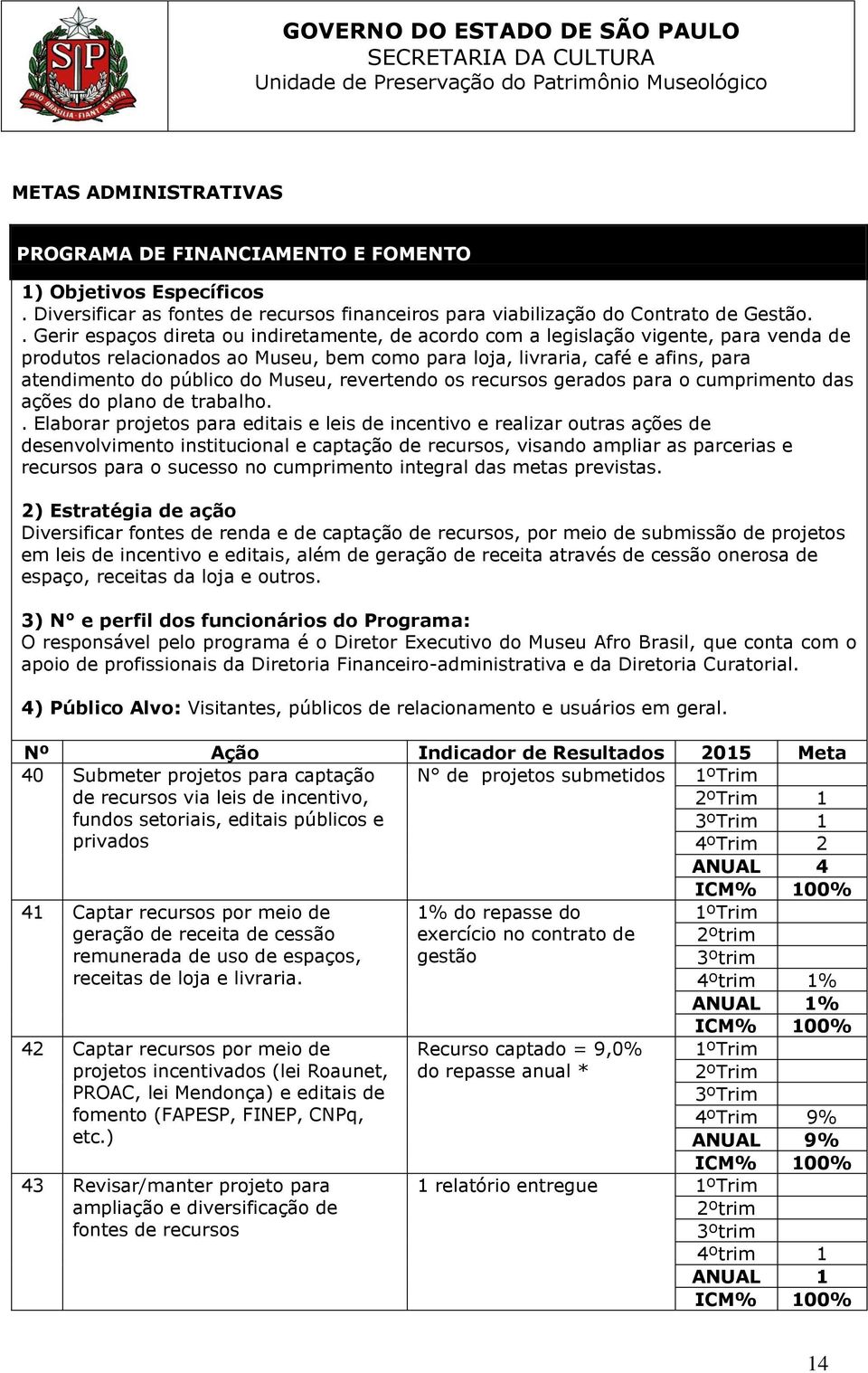 Museu, revertendo os recursos gerados para o cumprimento das ações do plano de trabalho.