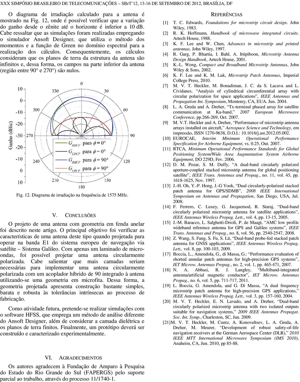 Consequentemente, os cálculos consideram que os planos de terra da estrutura da antena são infinitos e, dessa forma, os campos na parte inferior da antena (região entre 90 e 270 ) são nulos. Fig. 12.