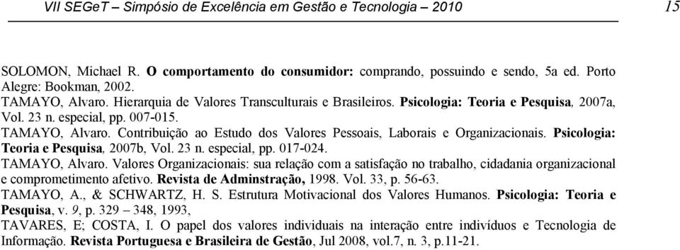 Contribuição ao Estudo dos Valores Pessoais, Laborais e Organizacionais. Psicologia: Teoria e Pesquisa, 2007b, Vol. 23 n. especial, pp. 017-024. TAMAYO, Alvaro.
