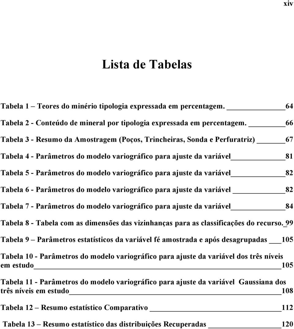 para ajuste da variável 82 Tabela 6 - Parâmetros do modelo variográfico para ajuste da variável 82 Tabela 7 - Parâmetros do modelo variográfico para ajuste da variável 84 Tabela 8 - Tabela com as