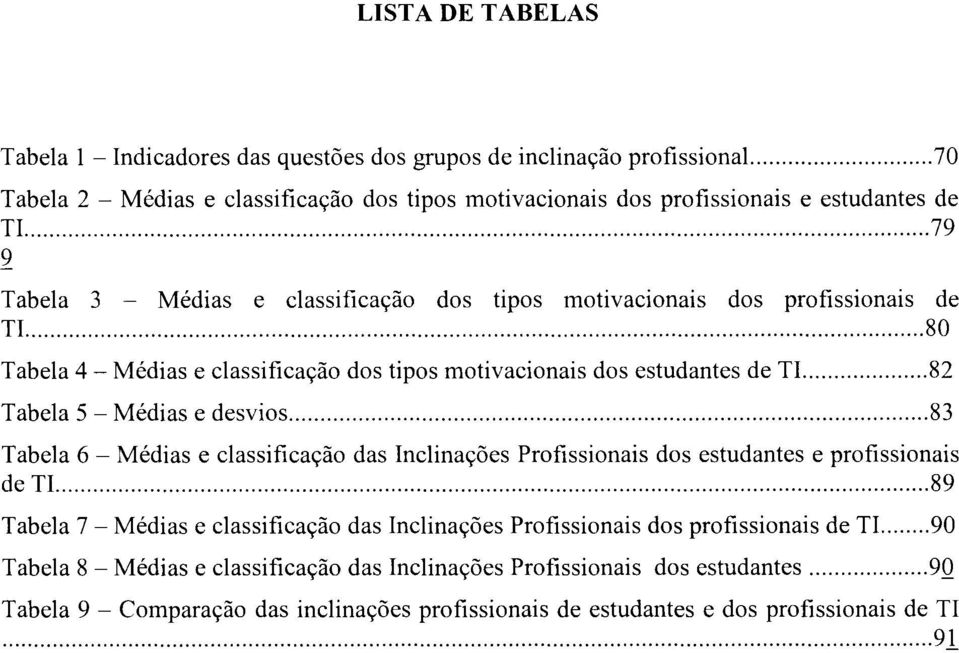 ... 82 Tabela 5 - Médias e desvios... 83 Tabela 6 - Médias e classificação das Inclinações Profissionais dos estudantes e profissionais de TI.