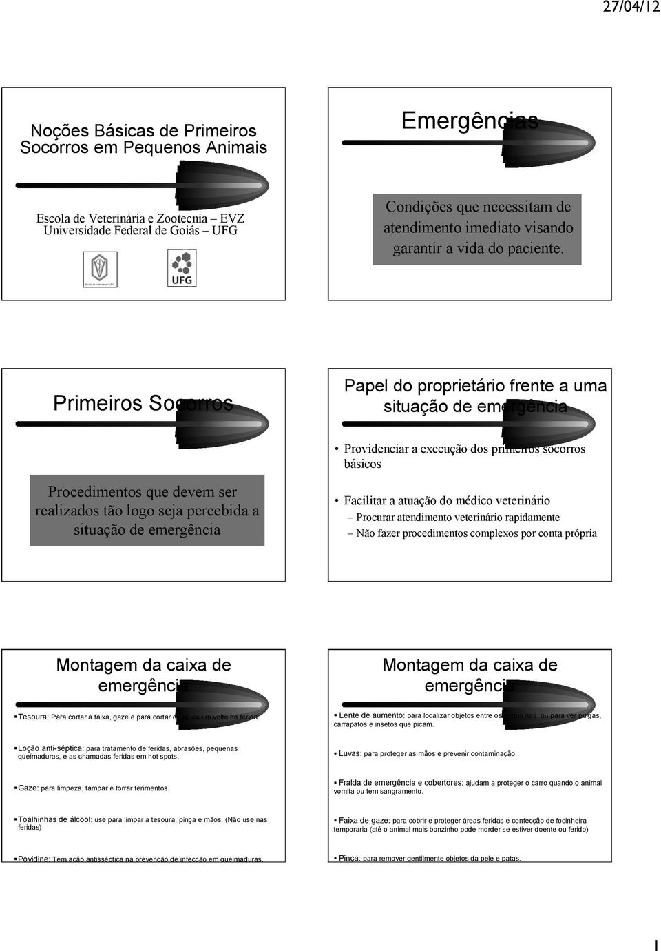 Primeiros Socorros Papel do proprietário frente a uma situação de emergência Providenciar a execução dos primeiros socorros básicos Procedimentos que devem ser realizados tão logo seja percebida a