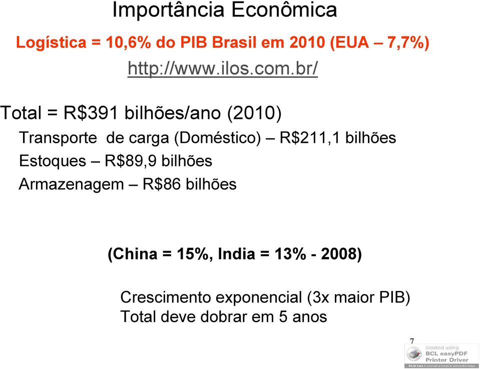 br/ Total = R$391 bilhões/ano (2010) Transporte de carga (Doméstico) R$211,1