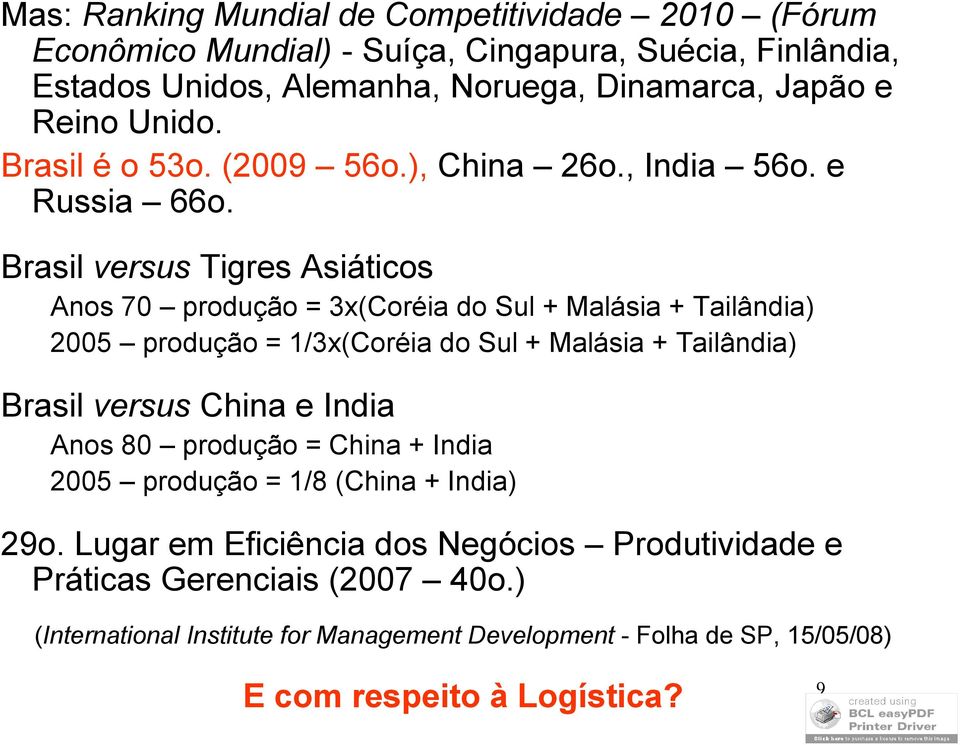 Brasil versus Tigres Asiáticos Anos 70 produção = 3x(Coréia do Sul + Malásia + Tailândia) 2005 produção = 1/3x(Coréia do Sul + Malásia + Tailândia) Brasil versus China e