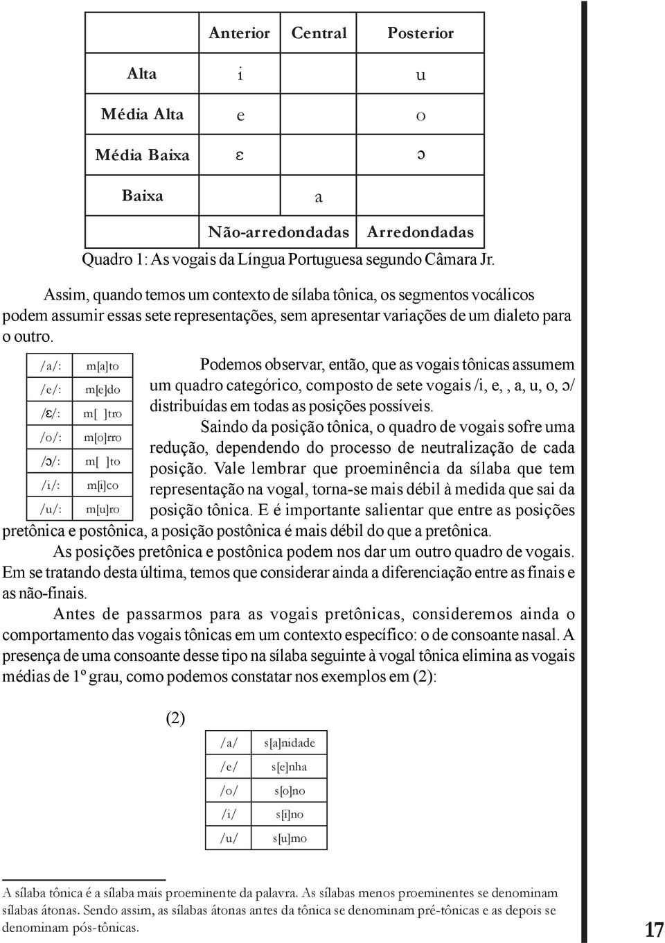 / a/: m[a]to / e/: m[e]do / /: m[ ]tro / o/: m[o]rro / /: m[ ]to / i/: m[i]co / u/: m[u]ro Podemos observar, então, que as vogais tônicas assumem um quadro categórico, composto de sete vogais /i, e,,