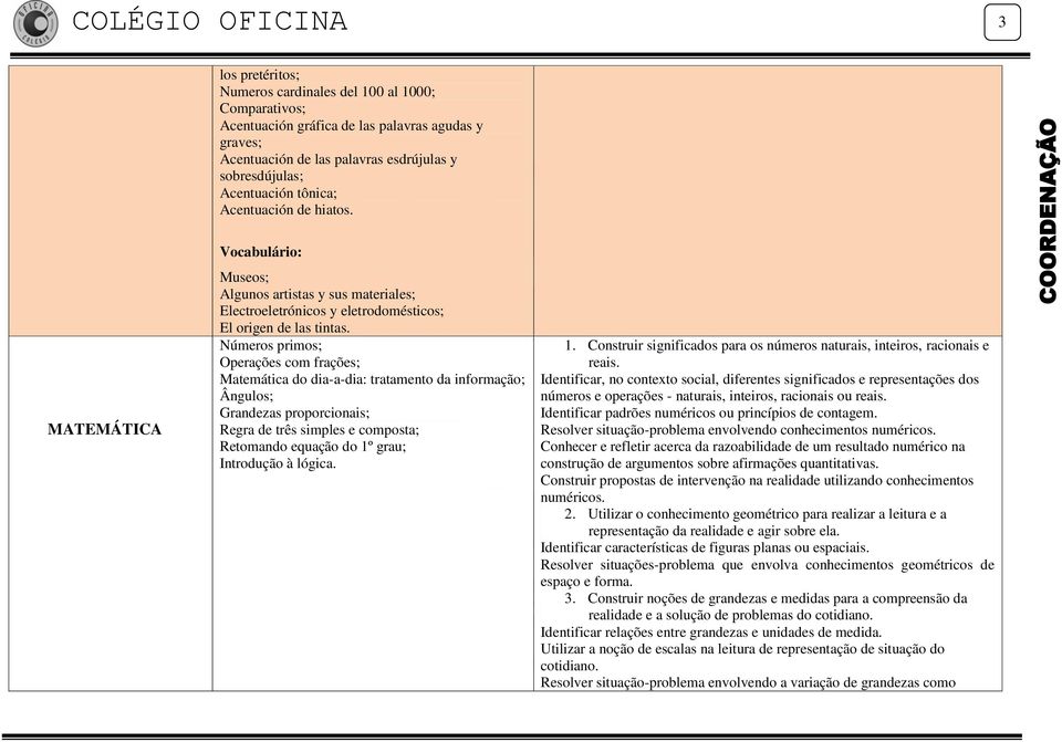 Números primos; Operações com frações; Matemática do dia-a-dia: tratamento da informação; Ângulos; Grandezas proporcionais; Regra de três simples e composta; Retomando equação do 1º grau; Introdução