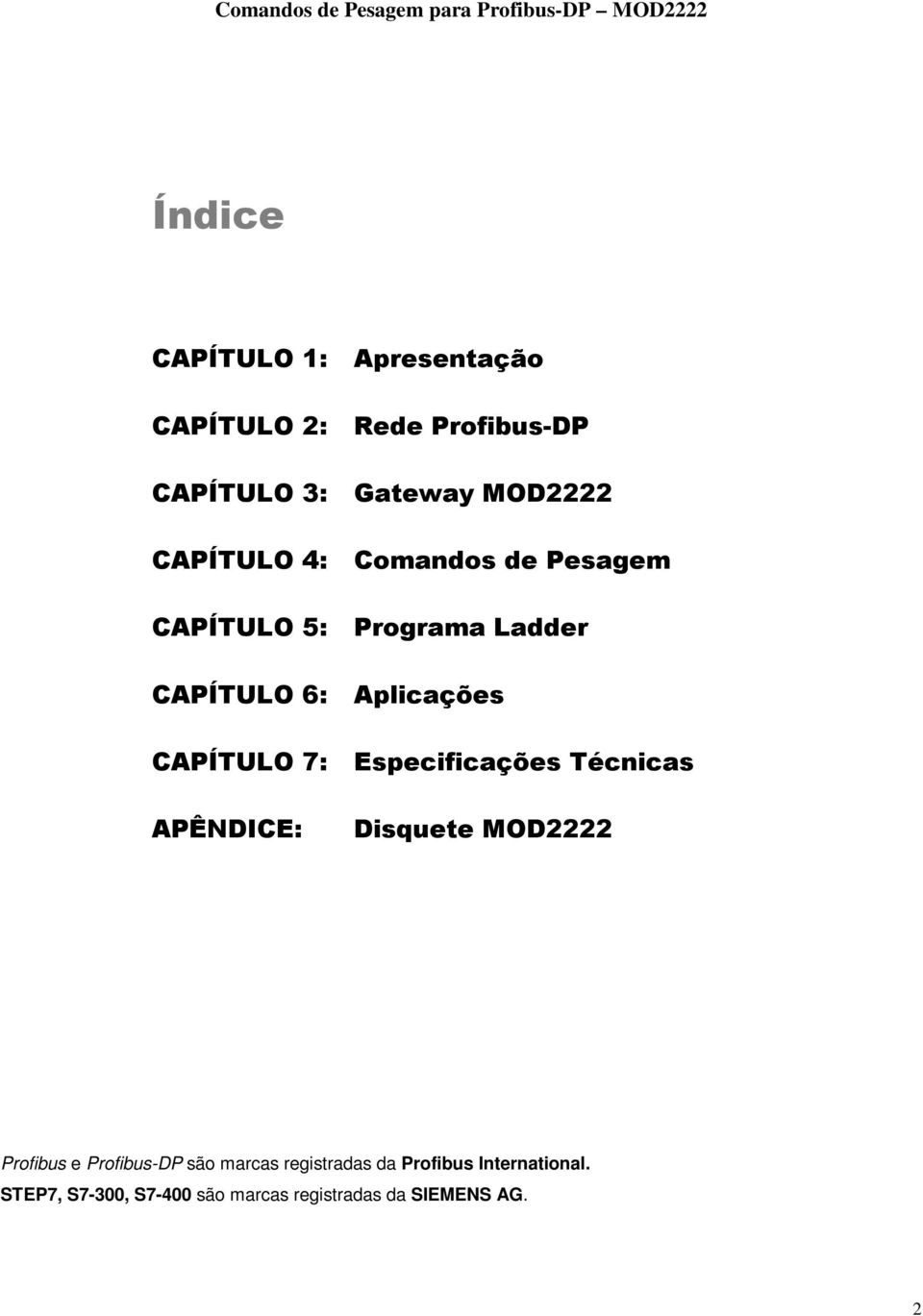 7: Especificações Técnicas APÊNDICE: Disquete MOD2222 Profibus e Profibus-DP são marcas