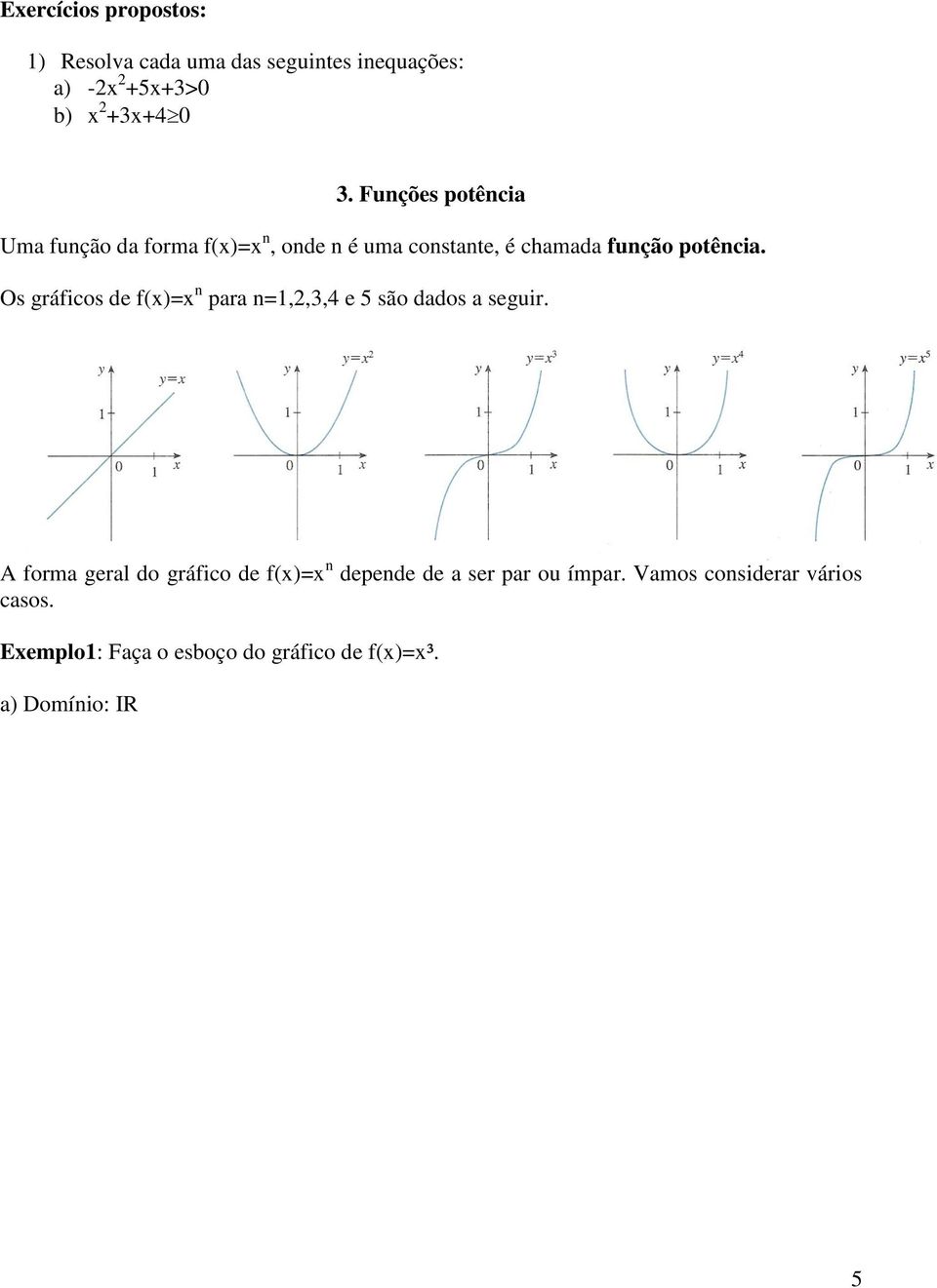 Os gráficos de f()= n para n=1,2,3,4 e 5 são dados a seguir.