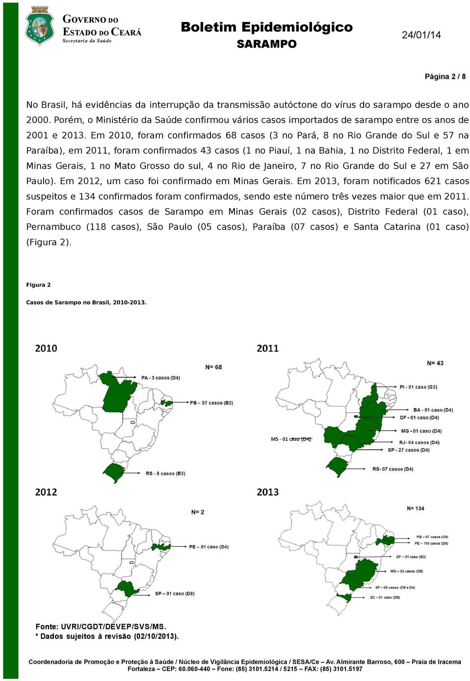 Em 2010, foram confirmados 68 casos (3 no Pará, 8 no Rio Grande do Sul e 57 na Paraíba), em 2011, foram confirmados 43 casos (1 no Piauí, 1 na Bahia, 1 no Distrito Federal, 1 em Minas Gerais, 1 no