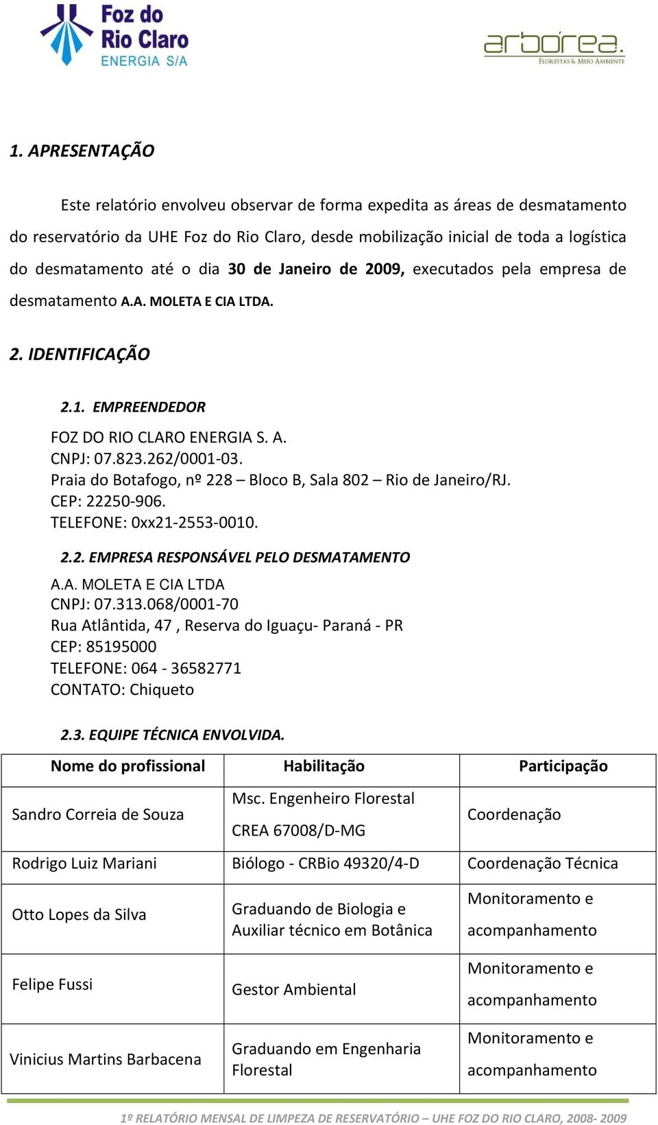 Praia do Botafogo, nº 228 Bloco B, Sala 802 Rio de Janeiro/RJ. CEP: 22250 906. TELEFONE: 0xx21 2553 0010. 2.2. EMPRESA RESPONSÁVEL PELO DESMATAMENTO A.A. MOLETA E CIA LTDA CNPJ: 07.313.