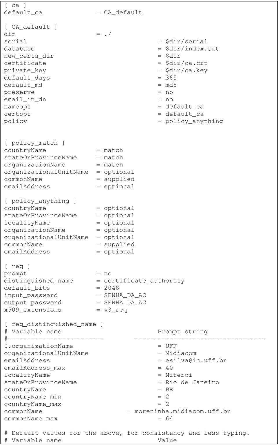 match organizationname = match organizationalunitname = optional commonname = supplied emailaddress = optional [ policy_anything ] countryname = optional stateorprovincename = optional localityname =