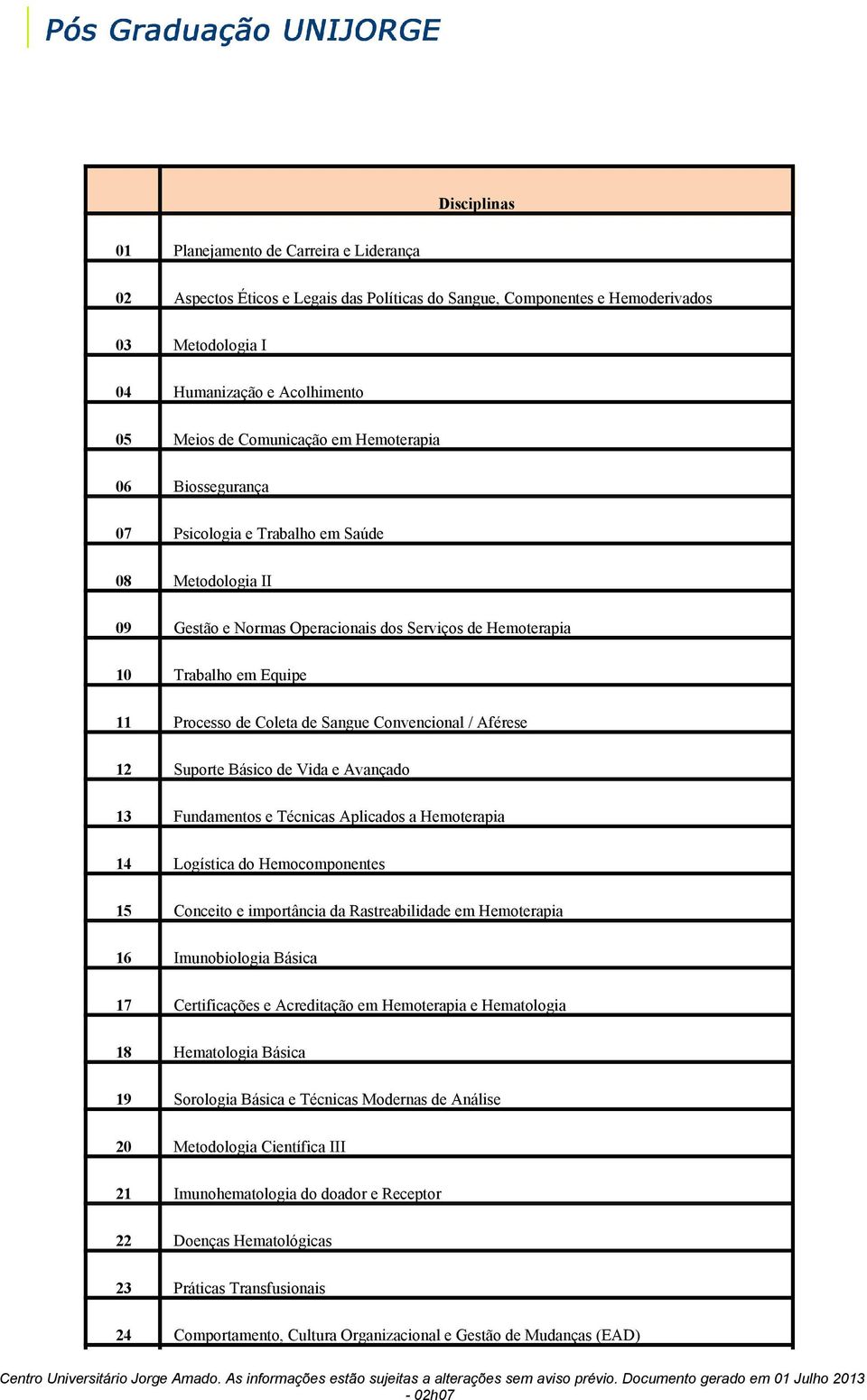 de Sangue Convencional / Aférese 12 Suporte Básico de Vida e Avançado 13 Fundamentos e Técnicas Aplicados a Hemoterapia 14 Logística do Hemocomponentes 15 Conceito e importância da Rastreabilidade em