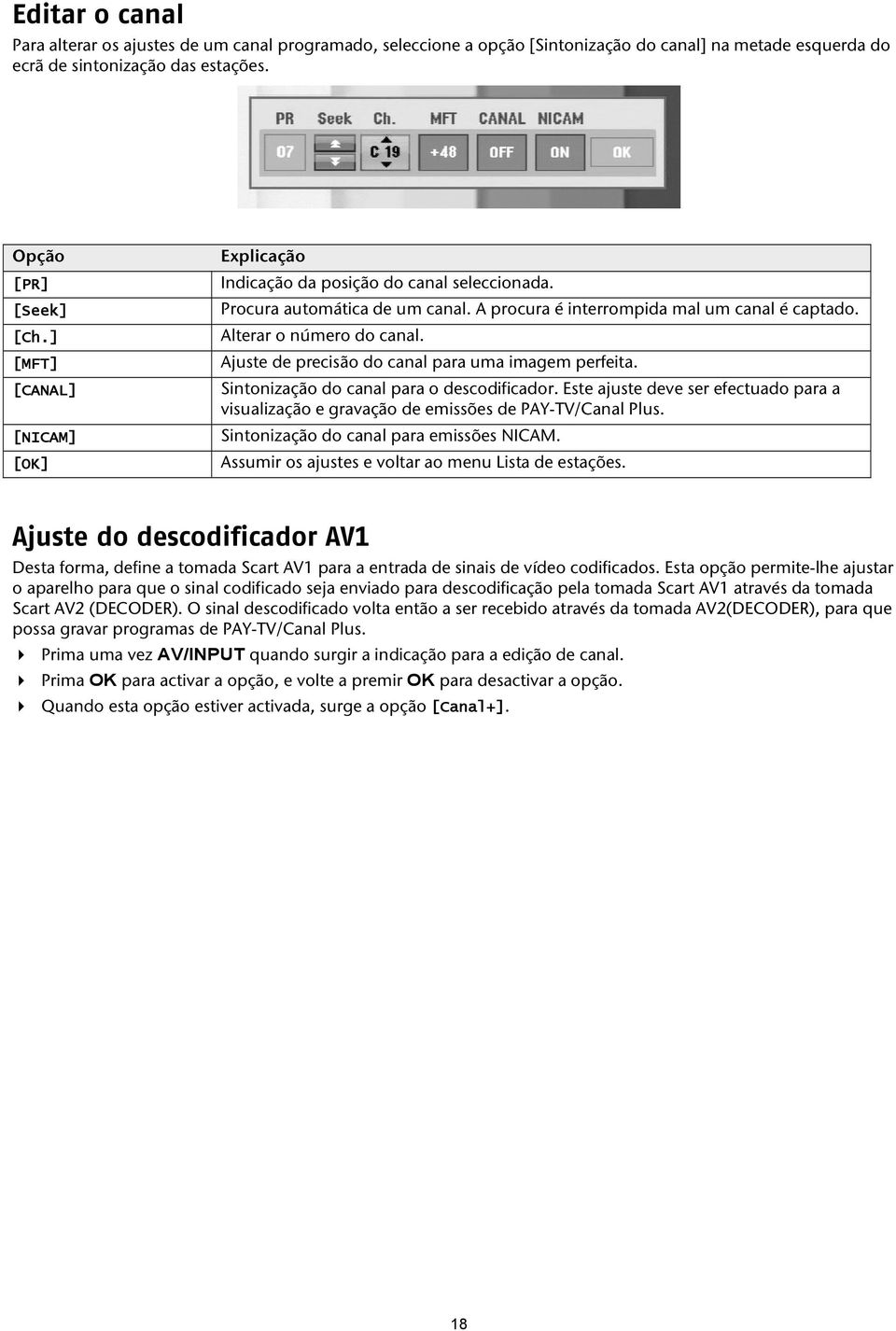 Ajuste de precisão do canal para uma imagem perfeita. Sintonização do canal para o descodificador. Este ajuste deve ser efectuado para a visualização e gravação de emissões de PAY-TV/Canal Plus.