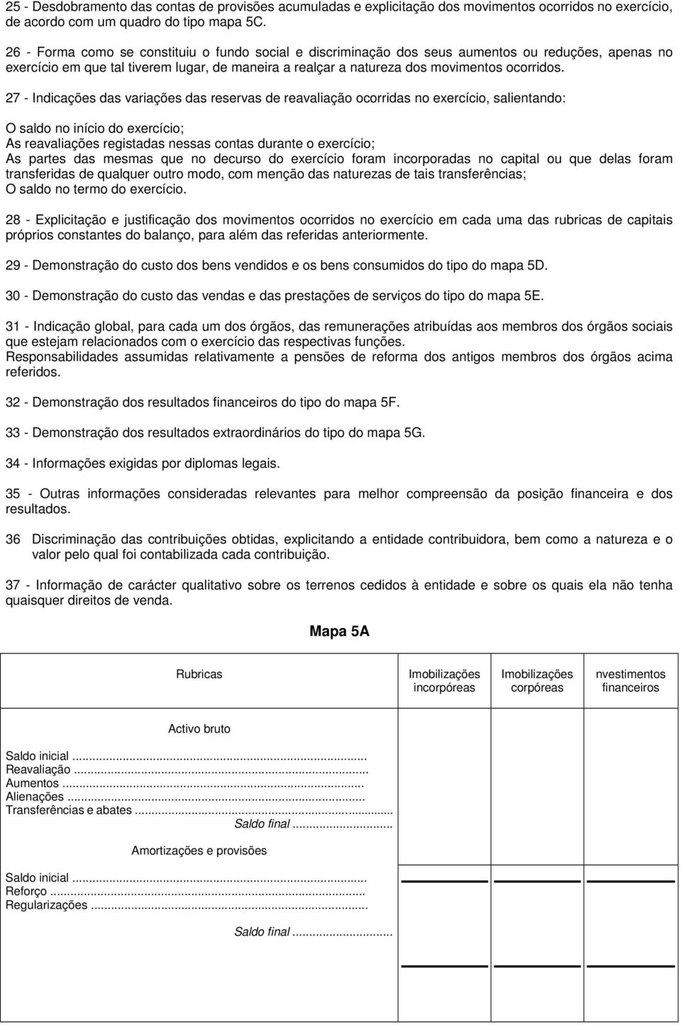 27 - Indicações das variações das reservas de reavaliação ocorridas no exercício, salientando: O saldo no início do exercício; As reavaliações registadas nessas contas durante o exercício; As partes