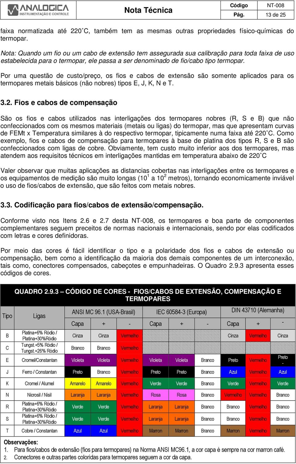 Por uma questão de custo/preço, os fios e cabos de extensão são somente aplicados para os termopares metais básicos (não nobres) tipos E, J, K, N e T. 3.2.